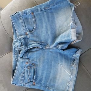 American Eagle Midi Super Super Stretch Distressed Frayed Hem Cuffed Shorts